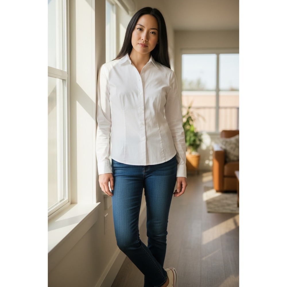 J. Peterman Womens White Cotton Button Down Long Sleeve Blouse Size 10